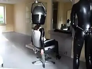 BDSM hardcore latex slave Girls play in barber store