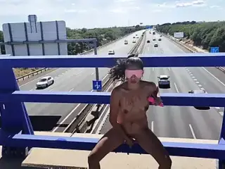 Horny Slut Naked on the Highway Bridge, Masturbating