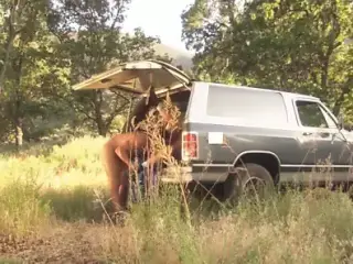 Romantic couple drive to fuck rough in the wild