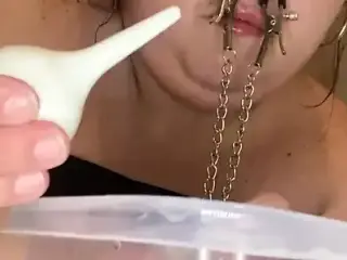 Fat humiliation fills her ass with soapy enema