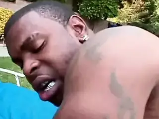 Black stud fucks curvy black slut on a lawn chair