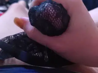 Dirty talk while I give his cock a handjob with my sexy boy style lacy panties until he drips a huge drop of precum.