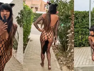 Horny Cat Costume with Butt Plug Tail Public Challenge - Asian Latin DaringKiara Exhibitionist Risky Public Nudity Challenge