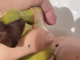 fat hairy pussy gets fucked with bananas