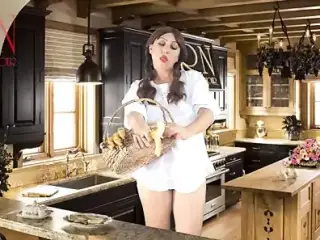 Cheerful maid without panties eats a lot of bananas in the dining room. ASMR 1