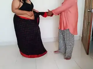 Indian desi horny aunty wearing saree blouse while a guy watches and rough fucks (hindi audio)