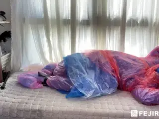 Fejira com Six-layer plastic raincoat with Zentai Rainwear Binding orgasm