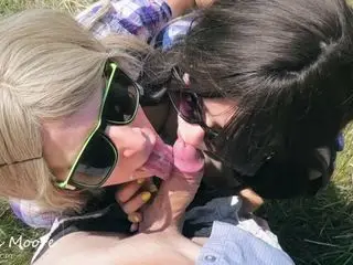 Outdoor blowjob with 2 girls, cum in mouth, cum kissing