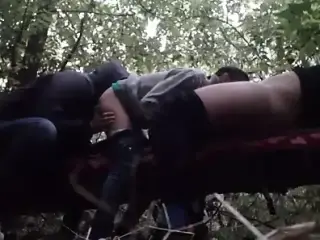 Risky sex in the dark forest of three horny lesbians