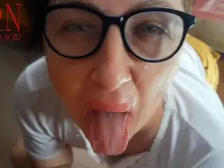 Blowjob facial. Cum on face. Cum on glasses. POV