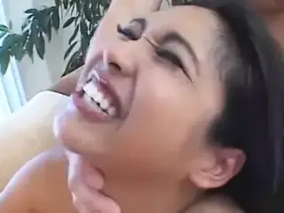 Hot asian girl gets fucked in the throat and pussy at the same time