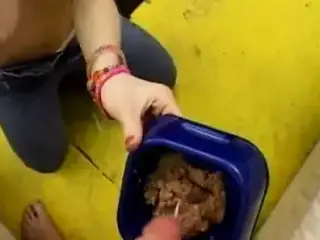 Ugly whore eats cum like a dog