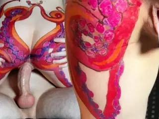 Horny stepsister with huge octopus tattoo on ass helps her jerking stepbrother to cum hard in her pussy