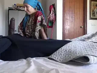 This Turkish granny is SHOCKED !!! I take out my big cock in front of her.