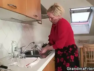 Two repairmen fuck big tits old grandma