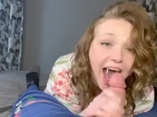 POV hot MILF gives college boy blowjob