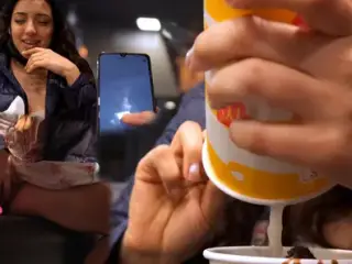 Latina loves McDonald’s Ice cream with cum on it and a toy inside her