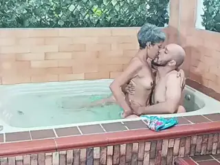While I'm playing in the jacuzzi my stepson comes to fuck me and fill me with his delicious semen