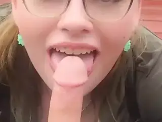 Nerdy blonde bbw in glasses deepthroat blowjob on knees in public