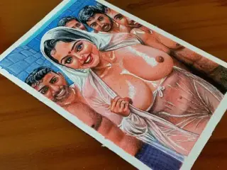 Erotic Art Or Drawing Of Sexy Indian Woman getting wet with Four Men